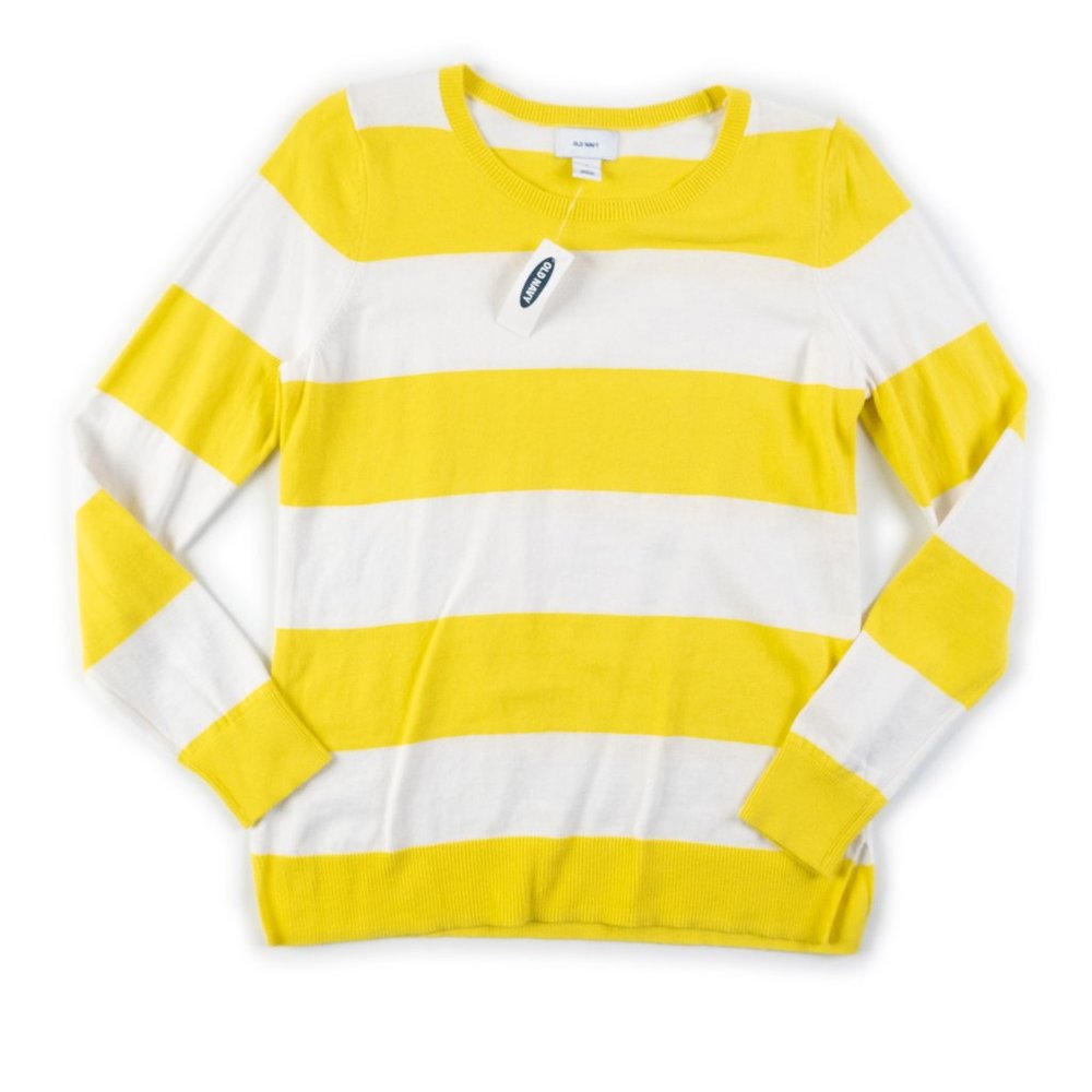 NEW OLD NAVY yellow white color block stripe crew neck sweater size S